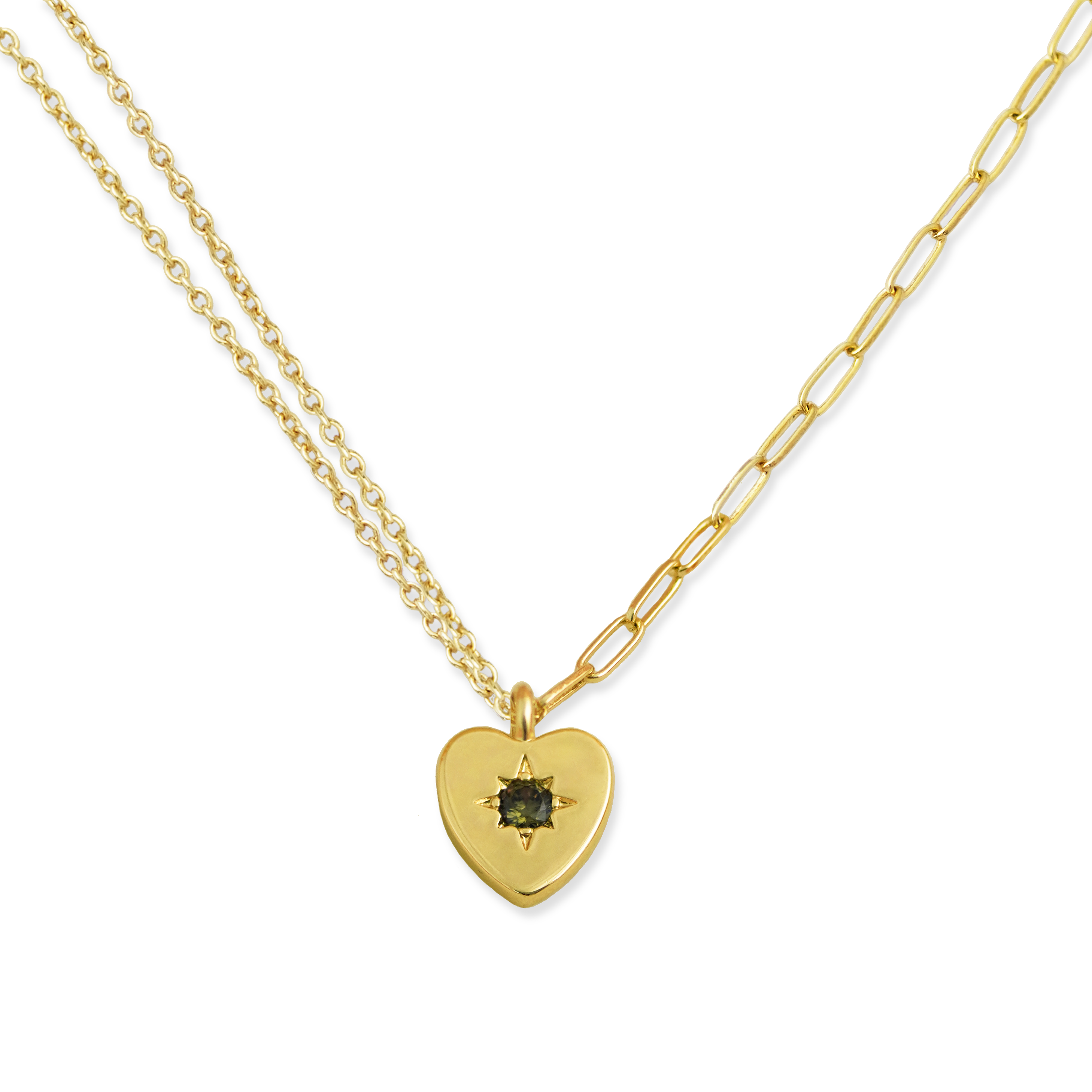 Peridot Heart Charm Double Chain Necklace - Junk Jewels
