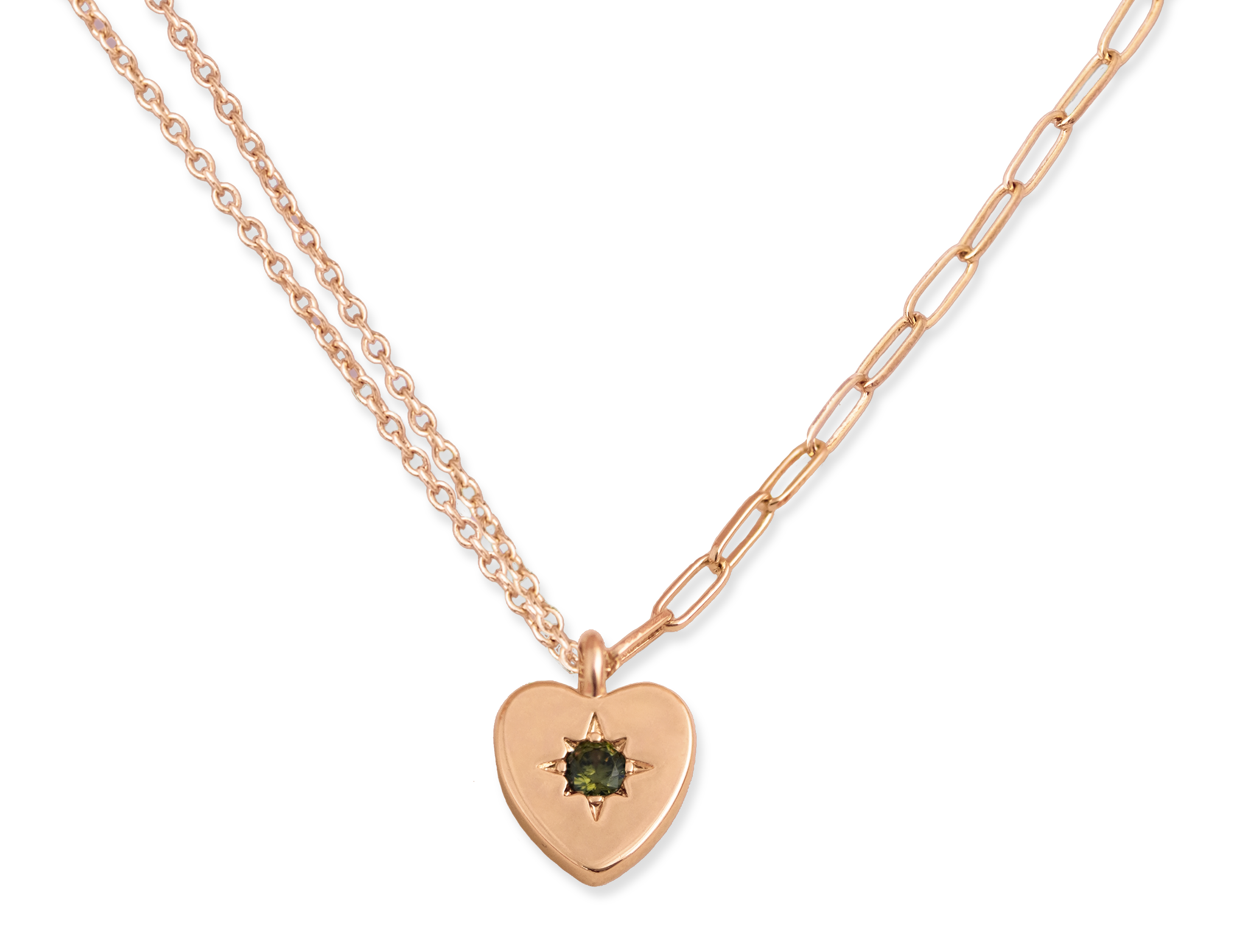 Peridot Heart Charm Double Chain Necklace