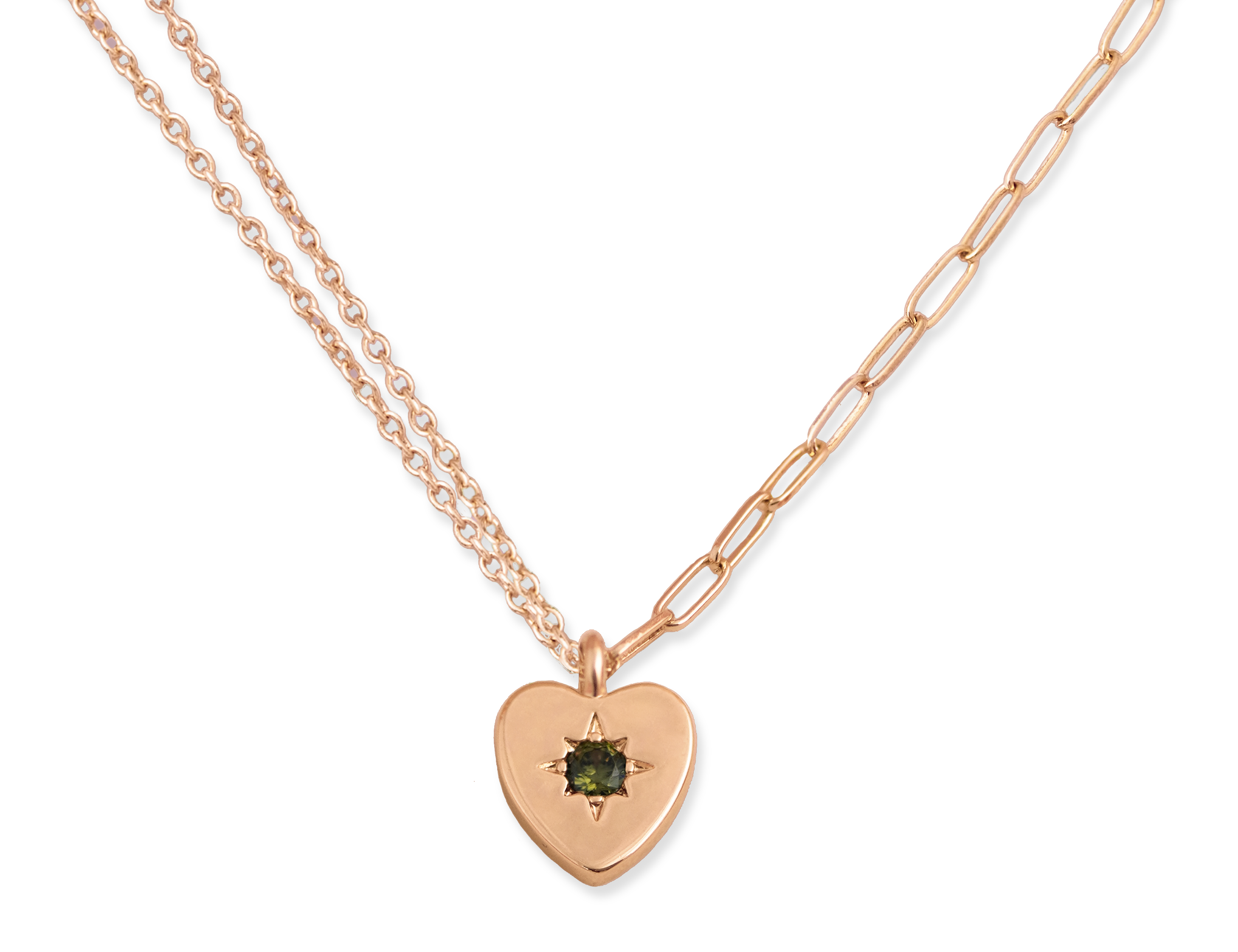 Peridot Heart Charm Double Chain Necklace - Junk Jewels