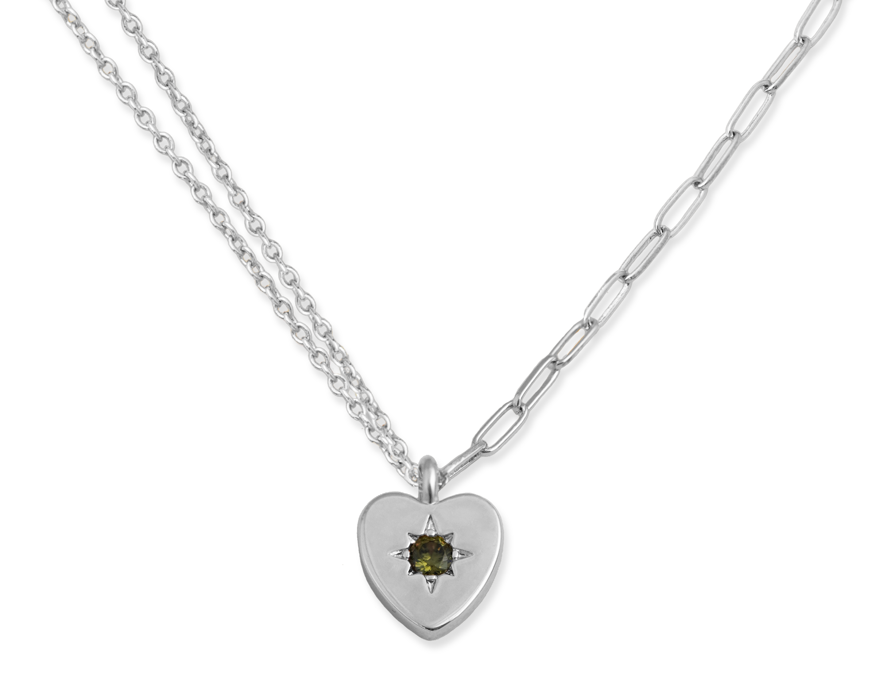 Peridot Heart Charm Double Chain Necklace - Junk Jewels