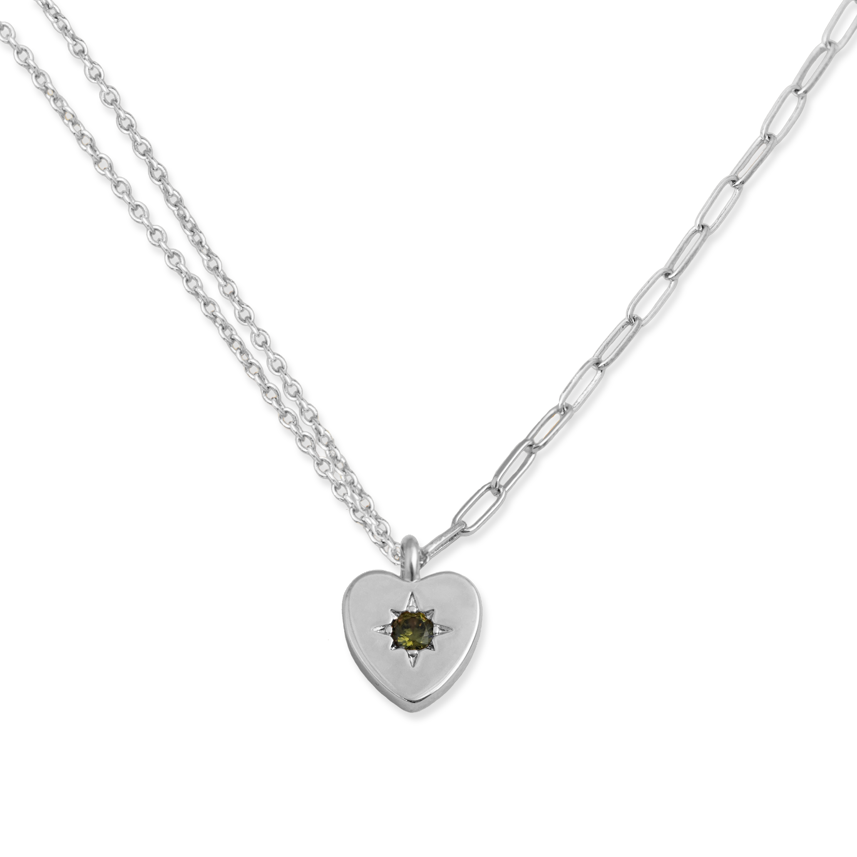 Peridot Heart Charm Double Chain Necklace - Junk Jewels