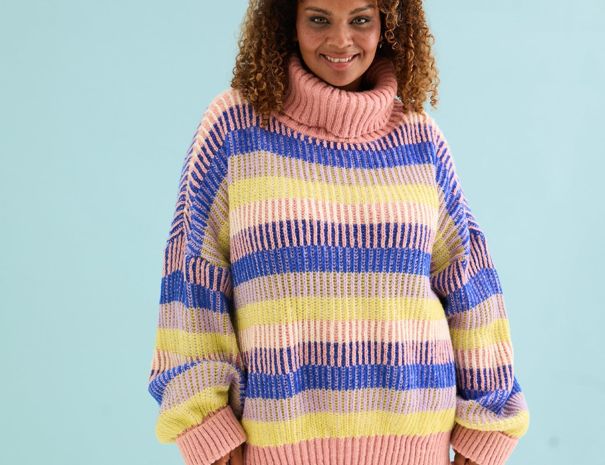 Tasha Oversized Balloon Sleeve Stripe Roll Neck Jumper - Pink