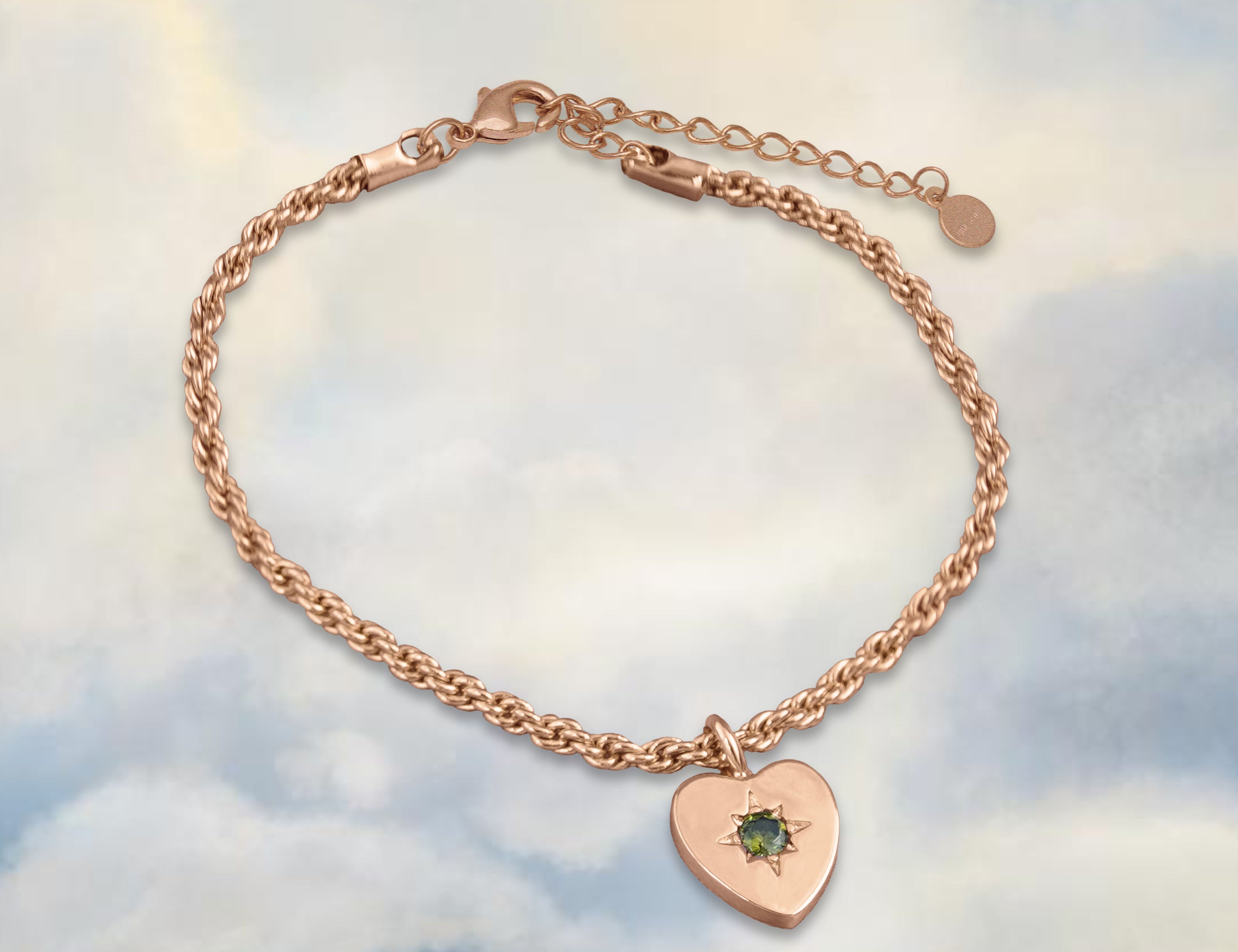 Peridot Heart Charm Rope Bracelet