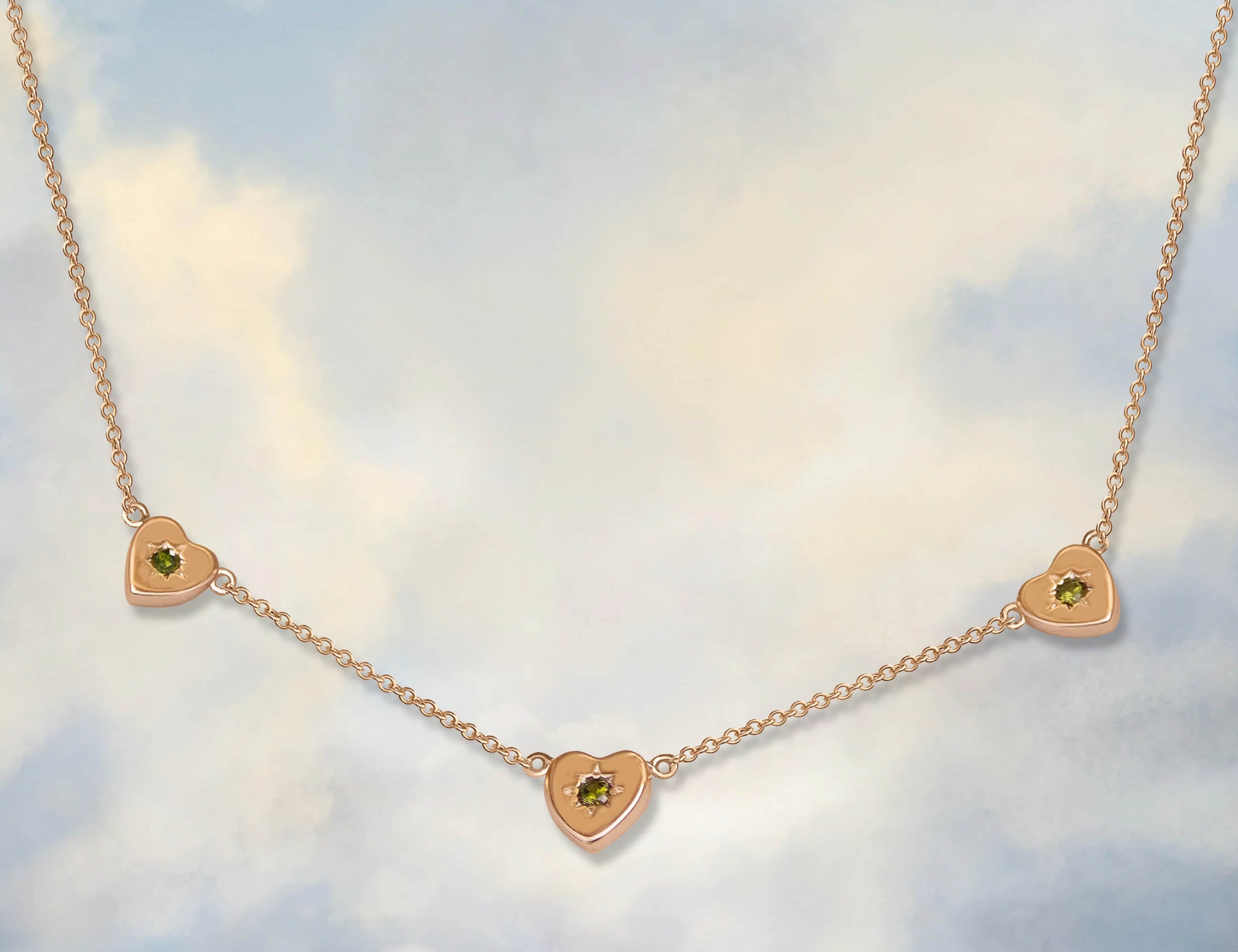 Triple Peridot Heart Charm Necklace